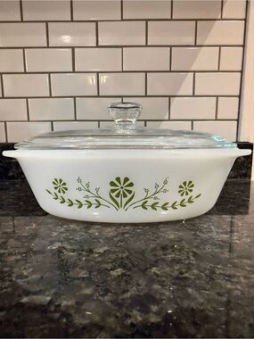 Vintage GLASBAKE Green Daisy Oval Baking Dish 1QT Casserole W/Fin Style Lid